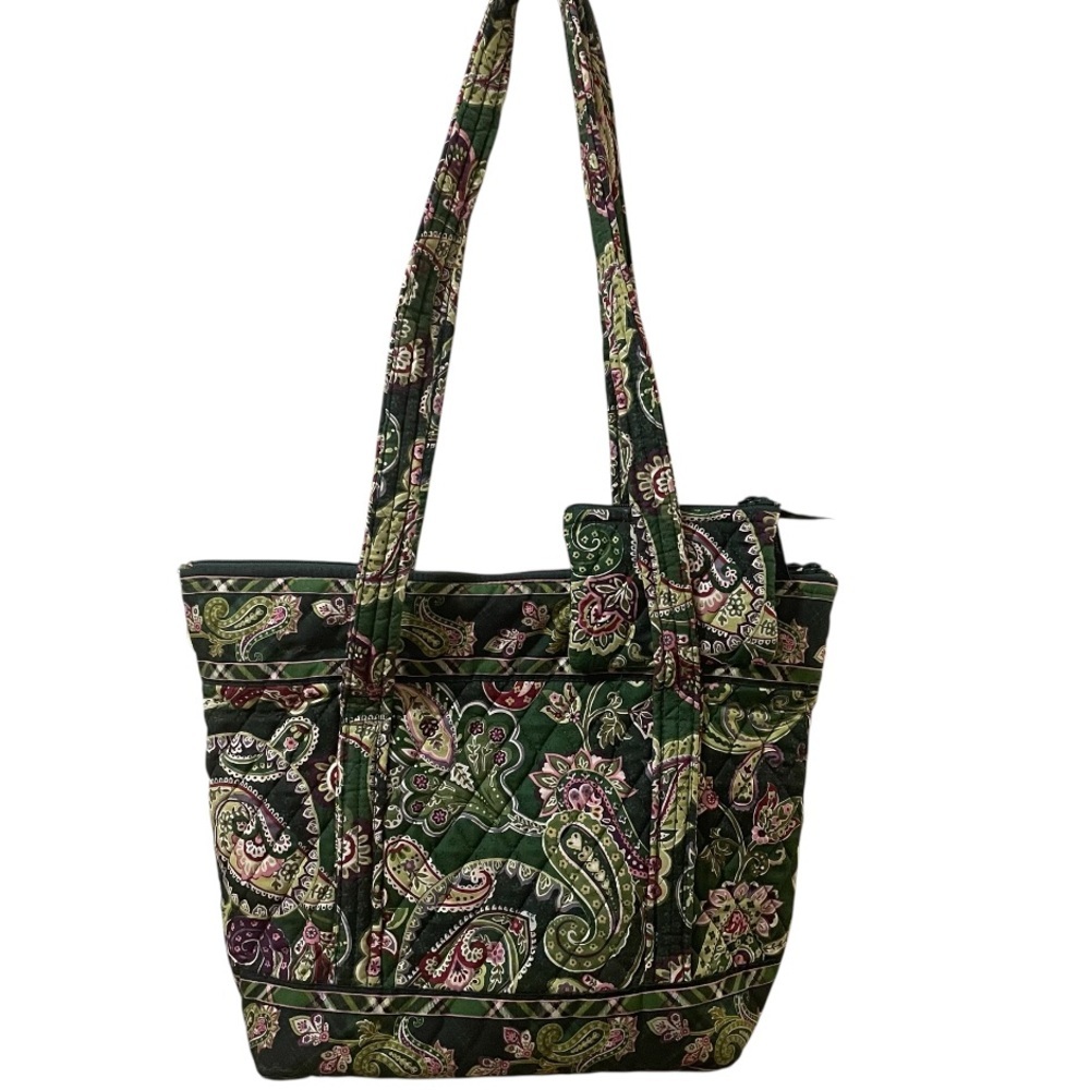 Vera Bradley Chelsea Green Paisley Tote Bag Purse & Matching Change Bag